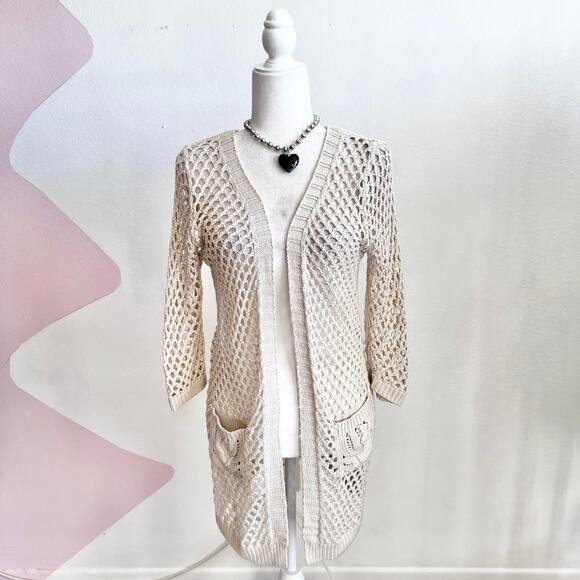 Cream Open Knit Crochet Cardigan Boho Bohemian Fairycore Cottagecore Small - Picture 1 of 6